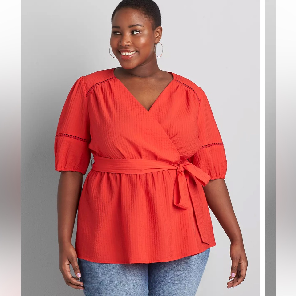 - Lane Bryant Women’s Short Sleeve Textured Crossover Belted Blouse Sz 22p